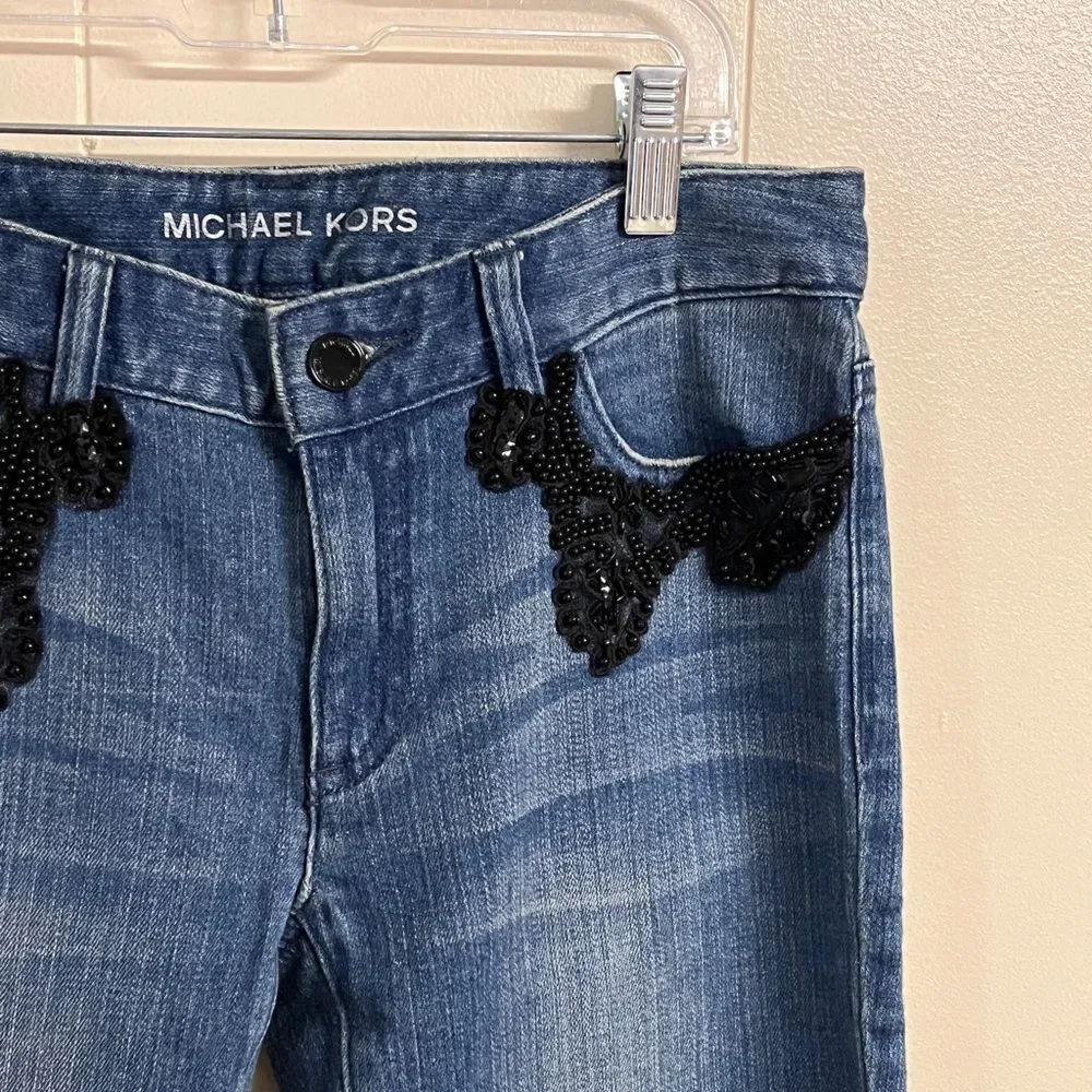 Michael Kors Blue Skinny Denim Jeans Embroidered Aplique Rare Sz 2